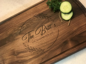 Farmhouse Personalized Cutting Board w/Leaves -  Last name and Est. Date