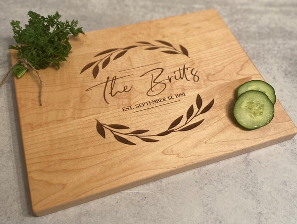 Farmhouse Personalized Cutting Board w/Leaves -  Last name and Est. Date